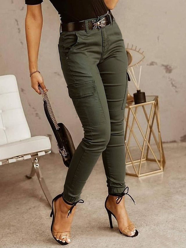 Women's Cargo Pants Basic Casual / Sporty Tactical Trousers Side Pockets Patchwork Full Length Pants Business Micro-elastic Plain Cotton Comfort Mid Waist Slim Green Black Gray S M L XL XXL - LuckyFash™