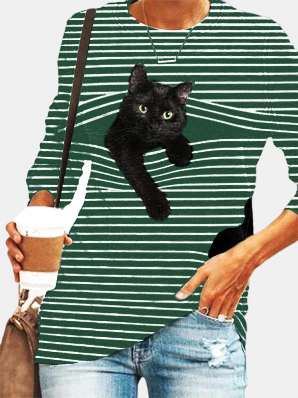 Black Cat Print Long Sleeve O-neck White Striped Plus Size T-shirt for Women