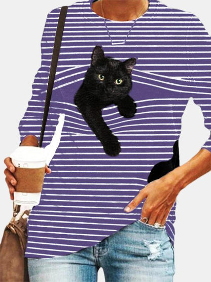 Black Cat Print Long Sleeve O-neck White Striped Plus Size T-shirt for Women