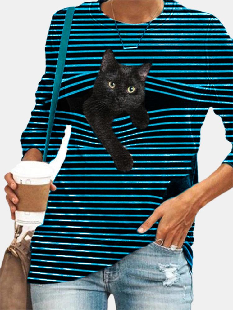 Black Cat Print Long Sleeve O-neck White Striped Plus Size T-shirt for Women