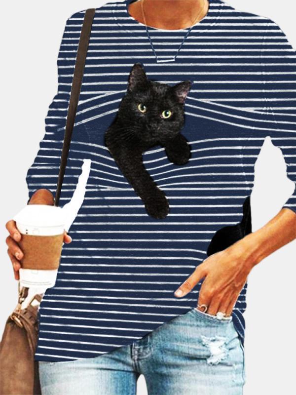 Black Cat Print Long Sleeve O-neck White Striped Plus Size T-shirt - LuckyFash™