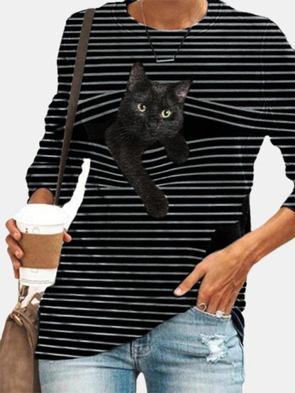 Black Cat Print Long Sleeve O-neck White Striped Plus Size T-shirt for Women