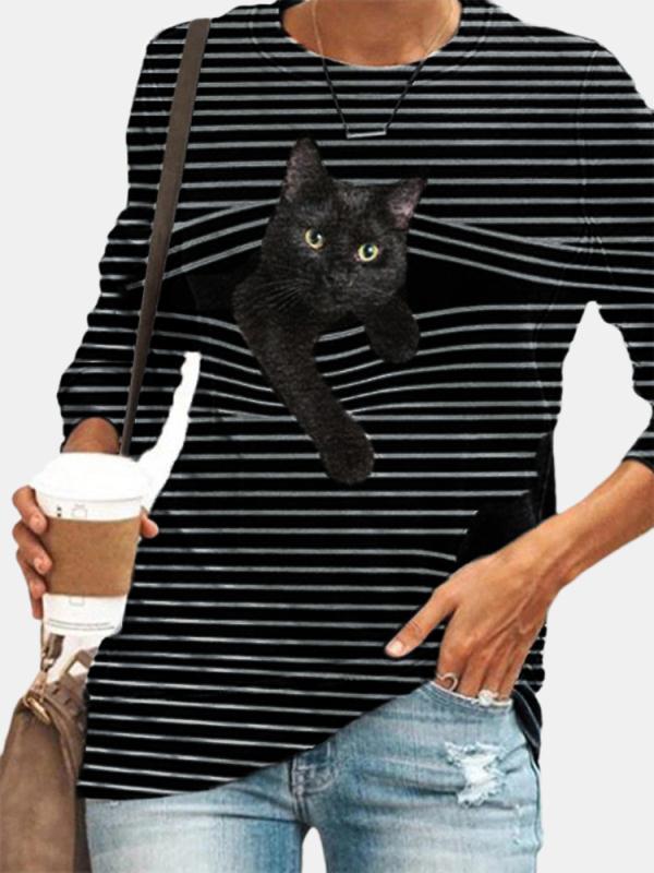 Black Cat Print Long Sleeve O-neck White Striped Plus Size T-shirt - LuckyFash™