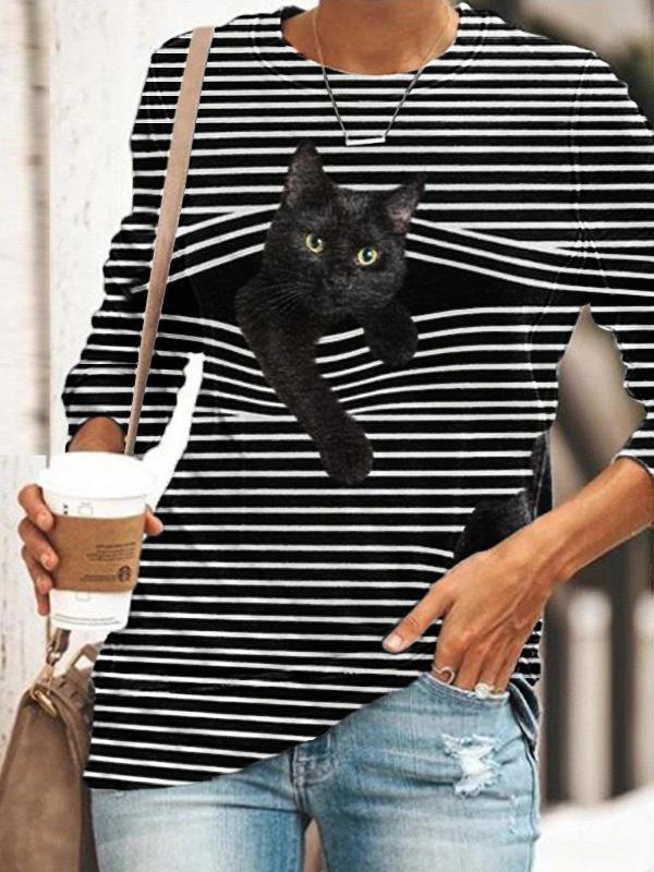 Black Cat Print Long Sleeve O-neck White Striped Plus Size T-shirt - LuckyFash™