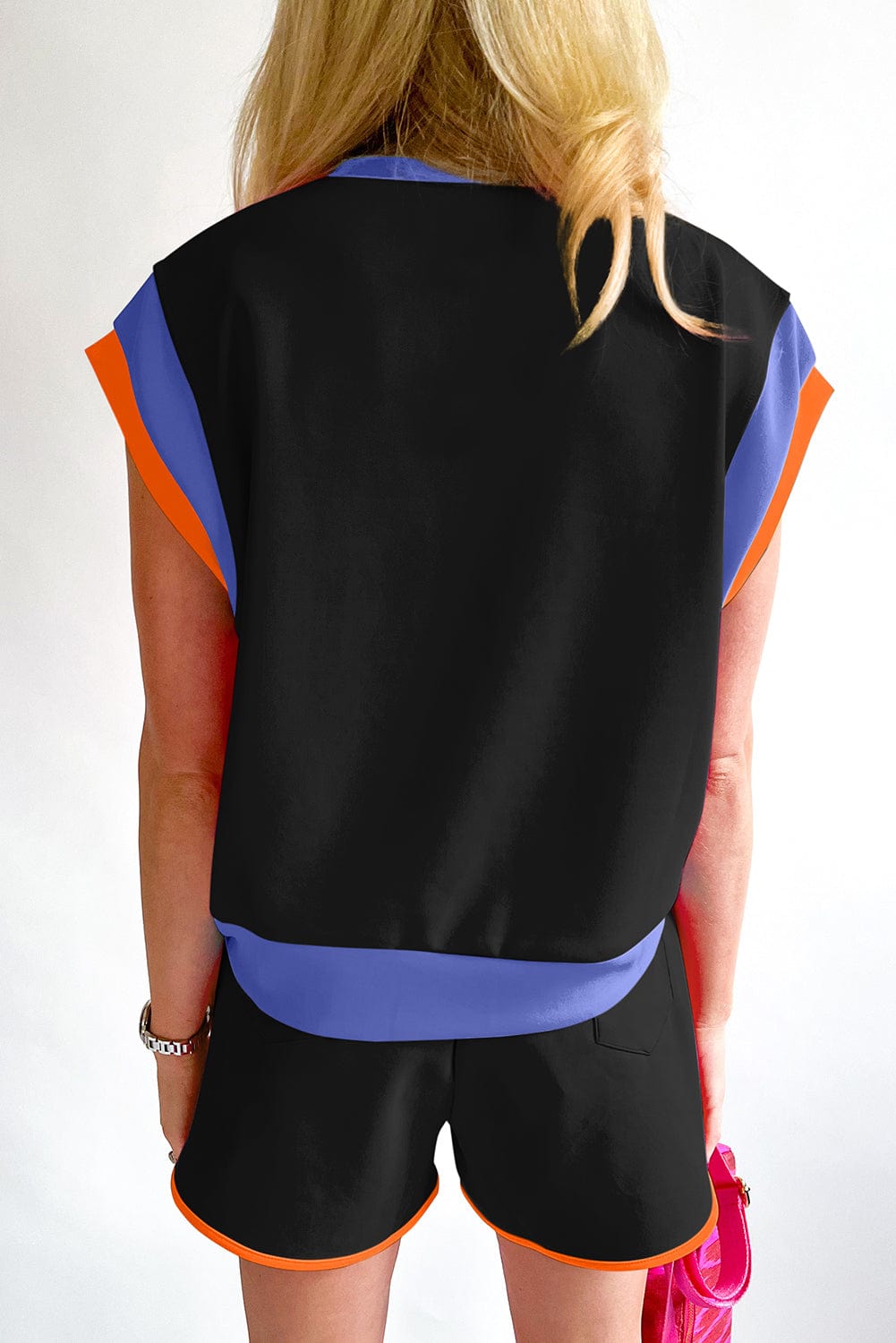 Black Color Block Cap Sleeve Tee and Shorts Set