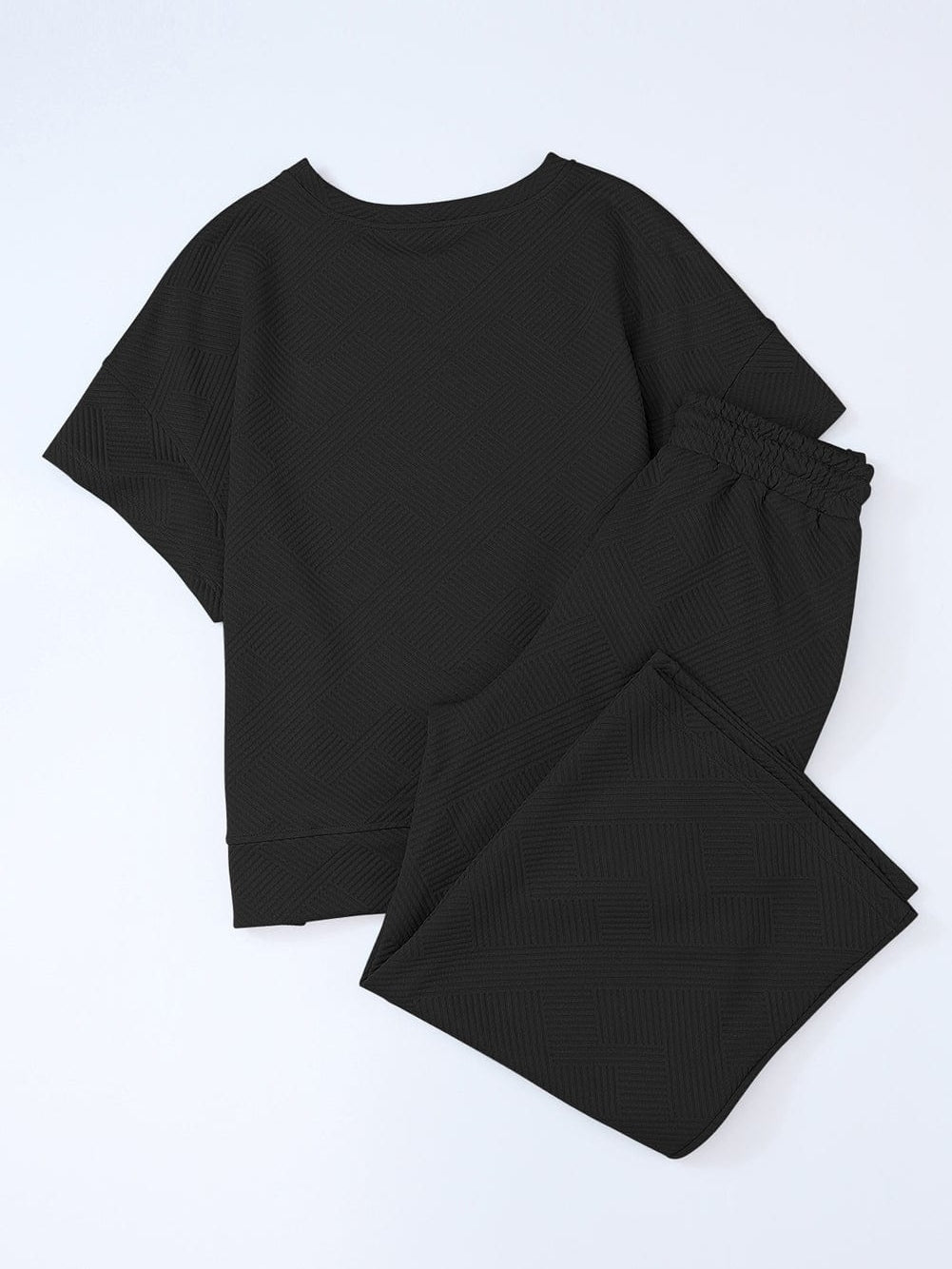 Black Ribbed Casual Lounge Set with Loose Fit Top and Drawstring Pants