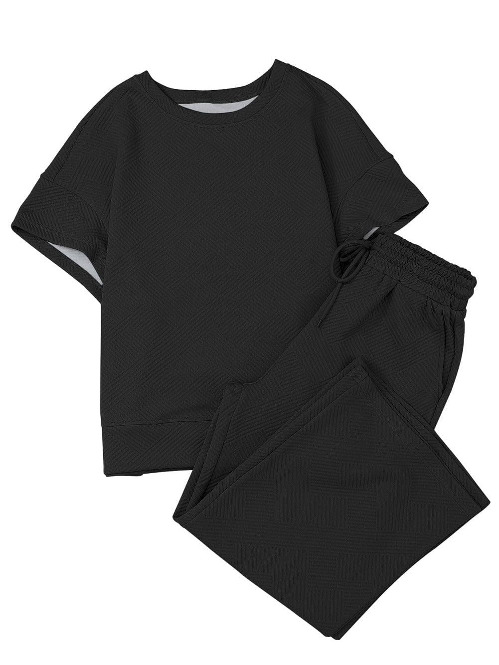 Black Ribbed Casual Lounge Set with Loose Fit Top and Drawstring Pants