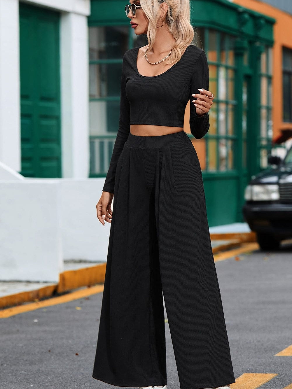 Black Ribbed Crop Top and High Waist Pants Set with Stylish Flare