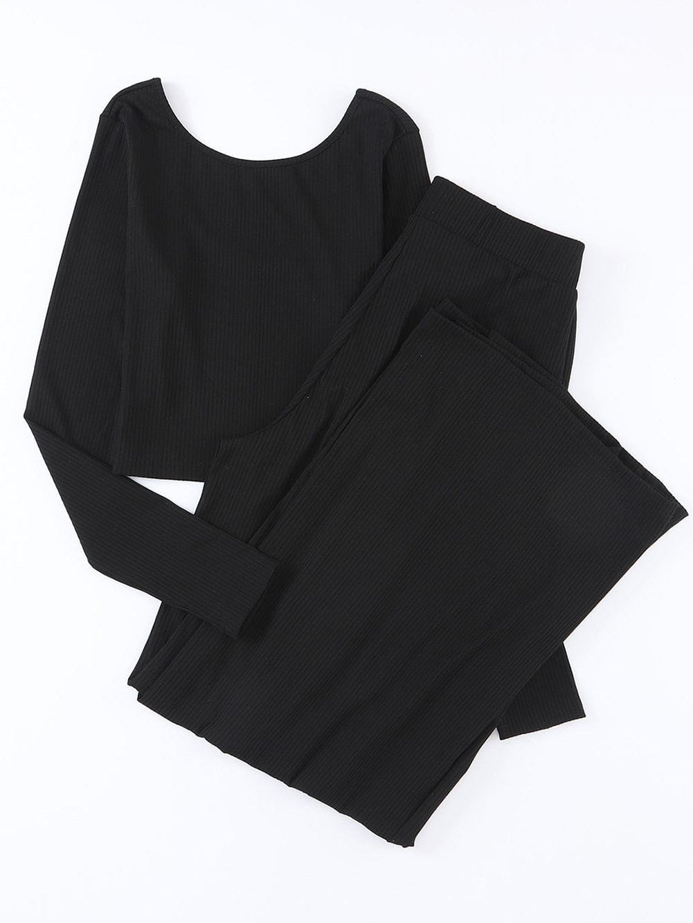 Black Ribbed Crop Top and High Waist Pants Set with Stylish Flare