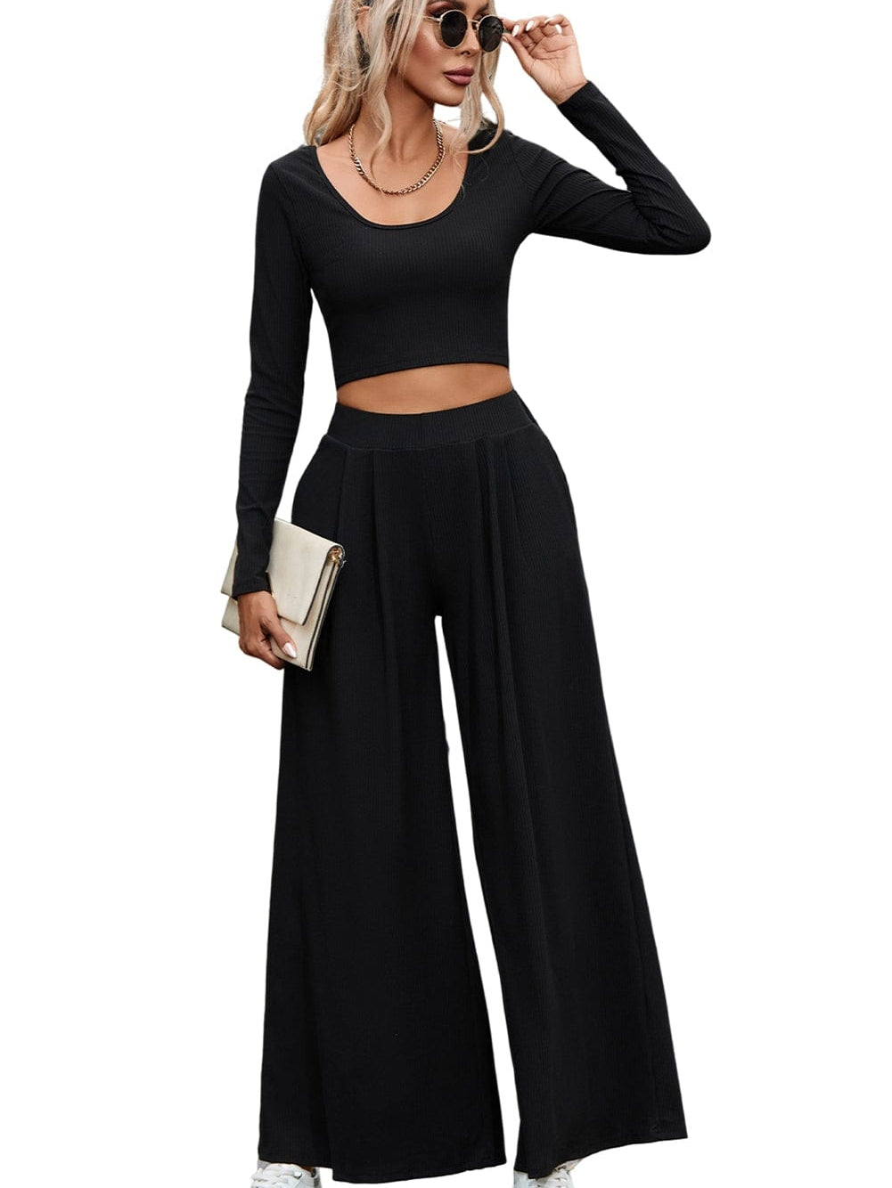 Black Ribbed Crop Top and High Waist Pants Set with Stylish Flare