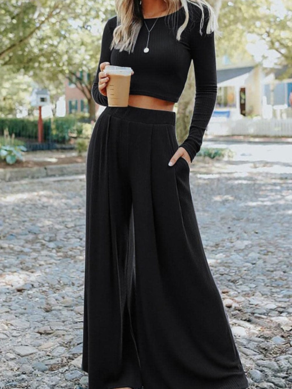 Black Ribbed Crop Top and High Waist Pants Set with Stylish Flare