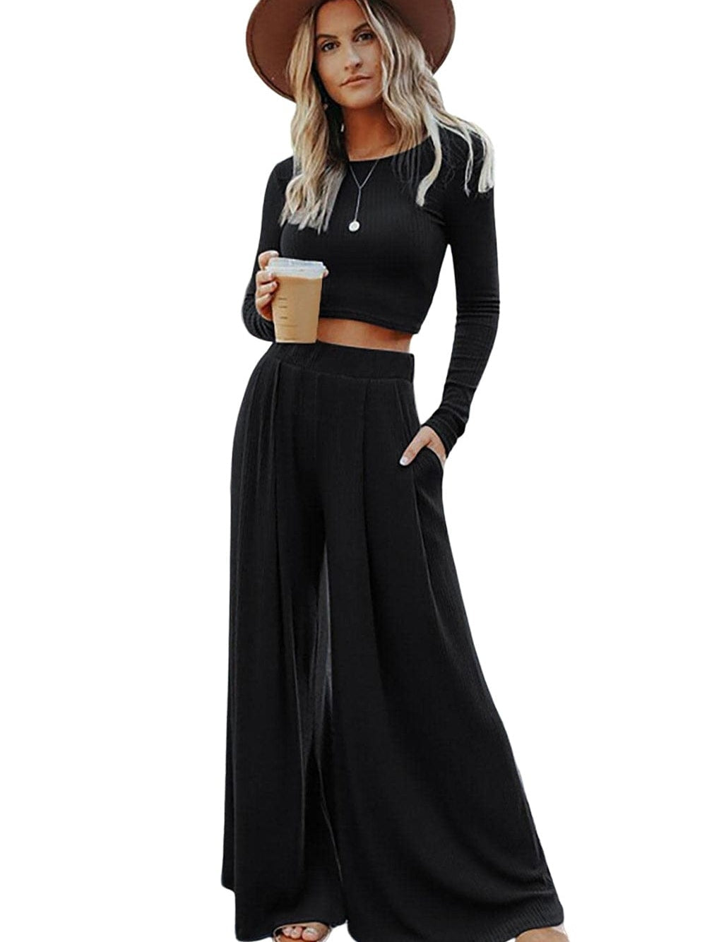 Black Ribbed Crop Top and High Waist Pants Set with Stylish Flare