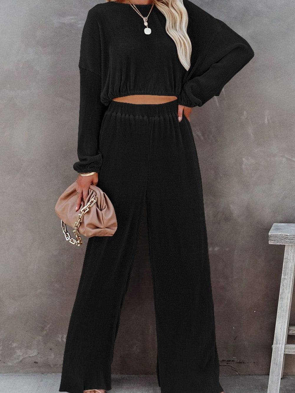 Black Ribbed Two-Piece Cropped Top and High Waist Pants Set