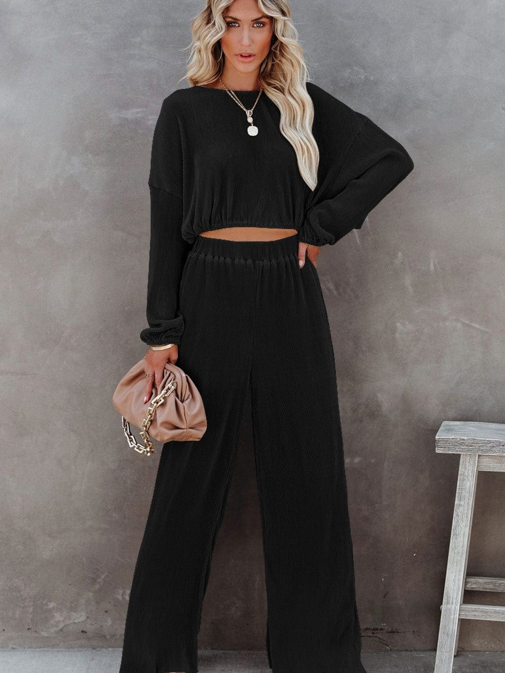 Black Ribbed Two-Piece Cropped Top and High Waist Pants Set