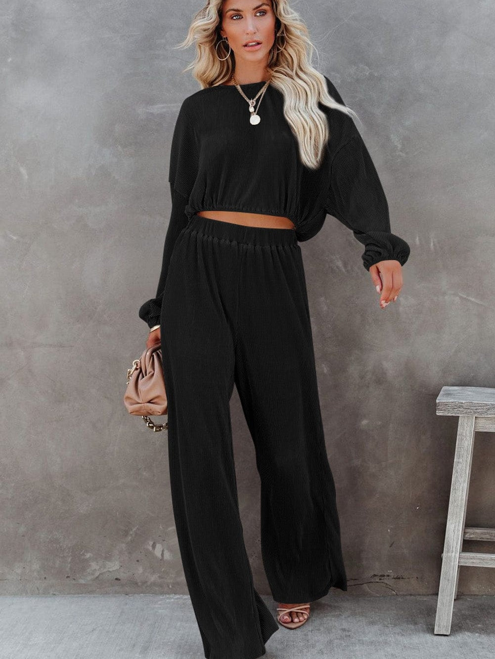 Black Ribbed Two-Piece Cropped Top and High Waist Pants Set