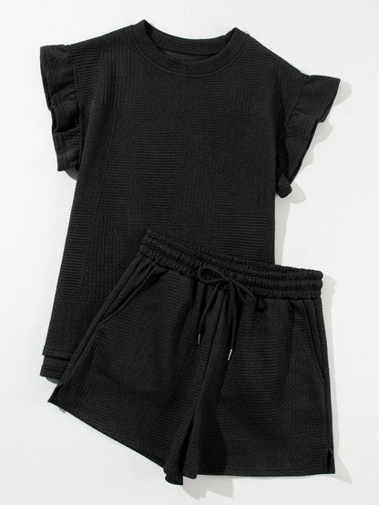 Black Ruffle Shoulder Two-Piece Set with Drawstring Shorts and Quilted Fabric