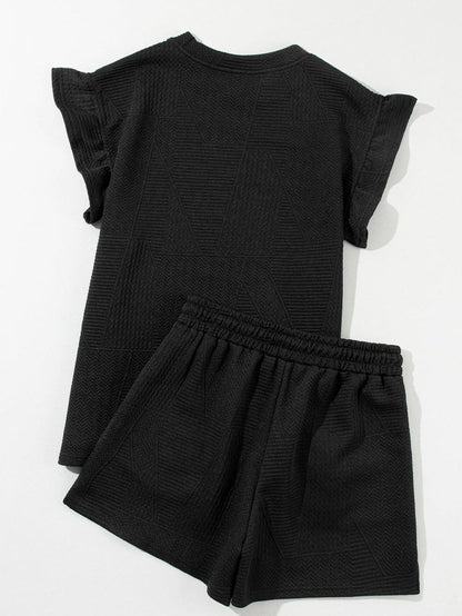 Black Ruffle Shoulder Two-Piece Set with Drawstring Shorts and Quilted Fabric