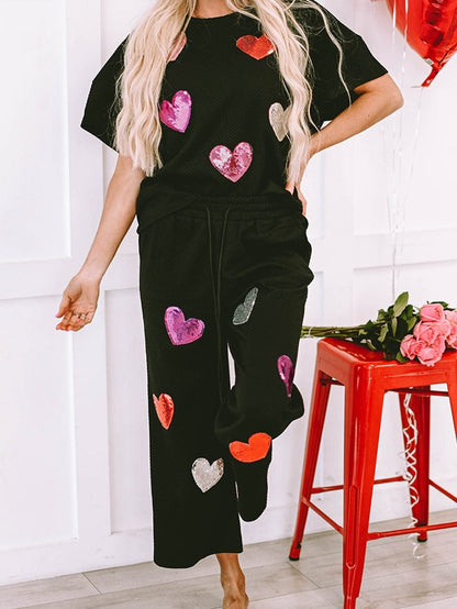 Black Sequin Heart Embellished Textured 2-Piece Casual Set