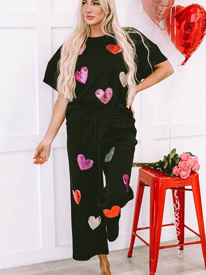 Black Sequin Heart Embellished Textured 2-Piece Casual Set