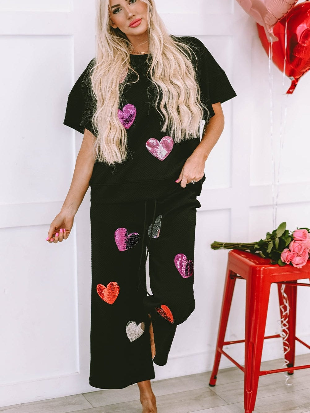 Black Sequin Heart Embellished Textured 2-Piece Casual Set