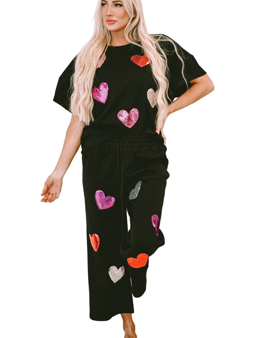 Black Sequin Heart Embellished Textured 2-Piece Casual Set