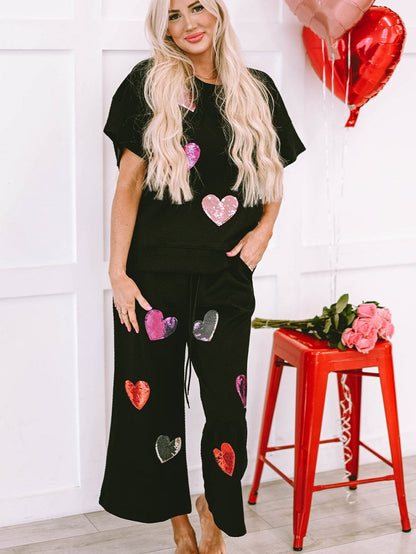 Black Sequin Heart Embellished Textured 2-Piece Casual Set