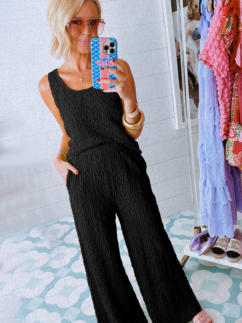 Black Textured U Neck Tank Top and Wide Leg Pants Lounge Set