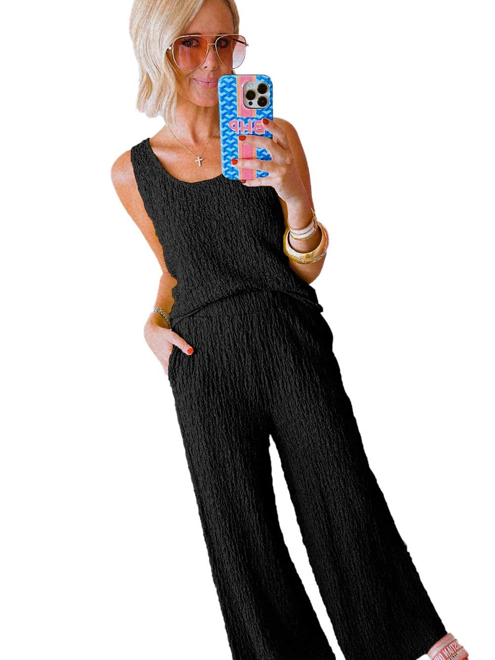 Black Textured U Neck Tank Top and Wide Leg Pants Lounge Set