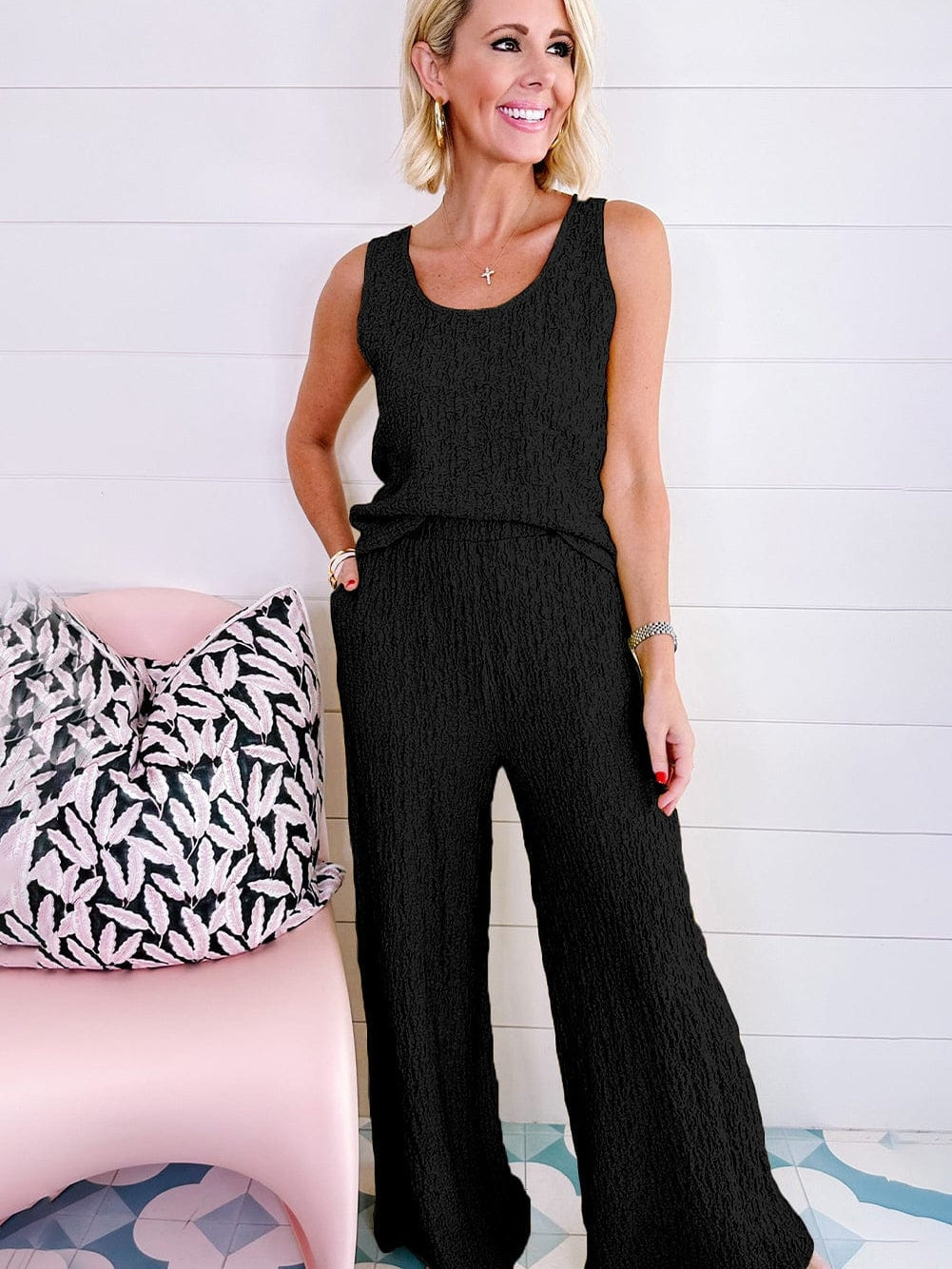 Black Textured U Neck Tank Top and Wide Leg Pants Lounge Set