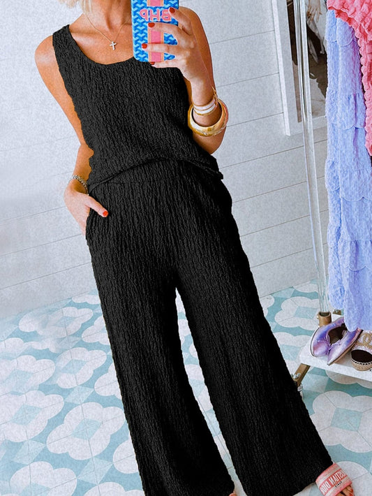 Black Textured U Neck Tank Top and Wide Leg Pants Lounge Set