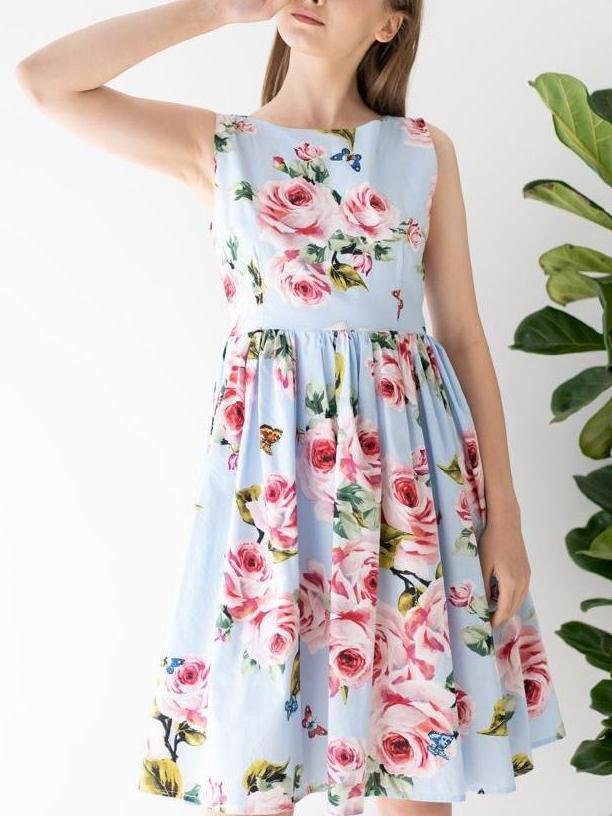 Blooming Pink Rose Printed Pleated Cotton Dress In Blue for Women