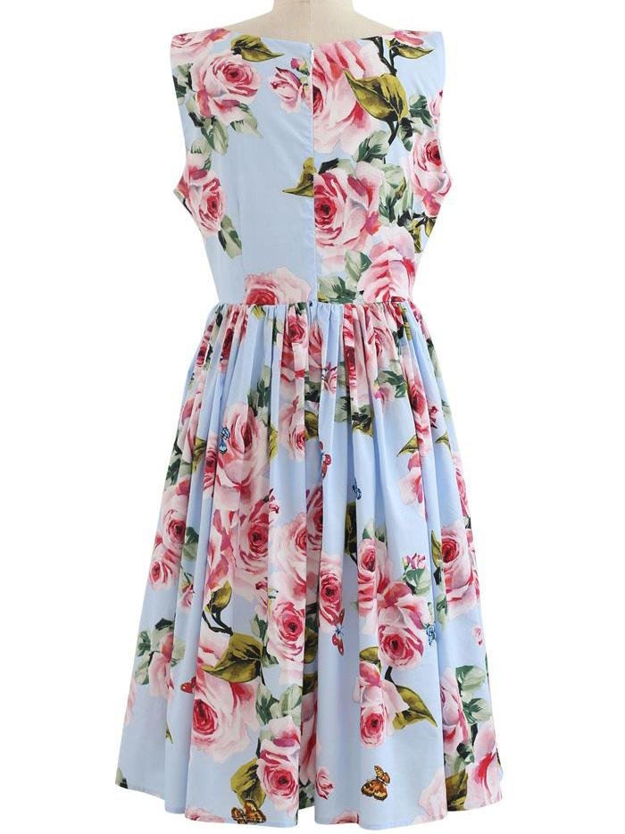 Blooming Pink Rose Printed Pleated Cotton Dress In Blue - LuckyFash™