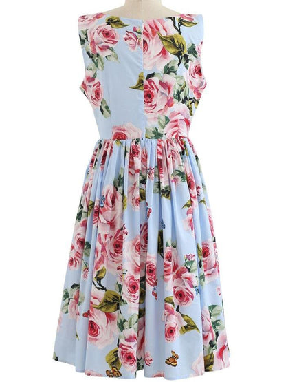 Blooming Pink Rose Printed Pleated Cotton Dress In Blue - LuckyFash™