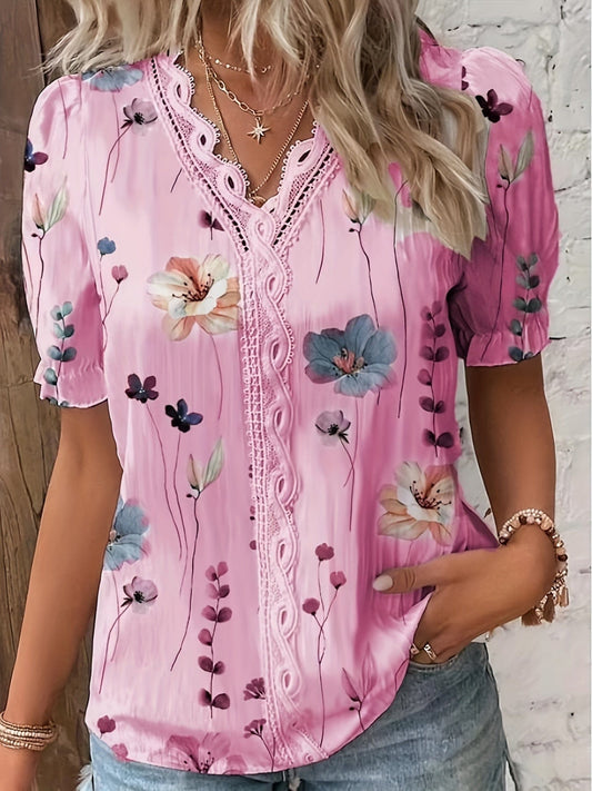 MsDressly Blouses Boho Floral Print Lace Trim V-Neck Puff Sleeve Blouse BLO231012009PINS(4)