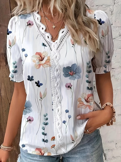 MsDressly Blouses Boho Floral Print Lace Trim V-Neck Puff Sleeve Blouse BLO231012009WHIS(4)
