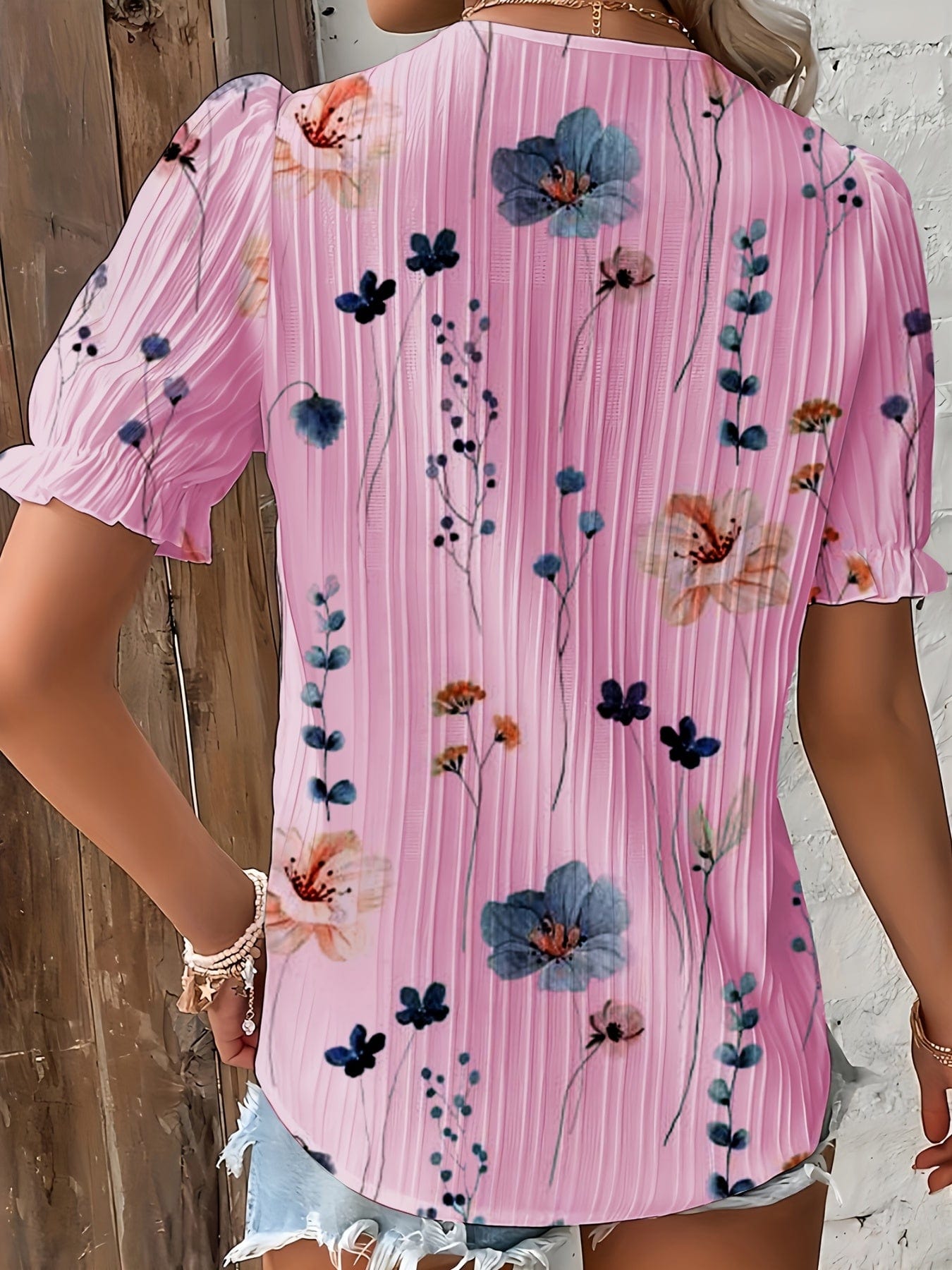 MsDressly Blouses Boho Floral Print Lace Trim V-Neck Puff Sleeve Blouse