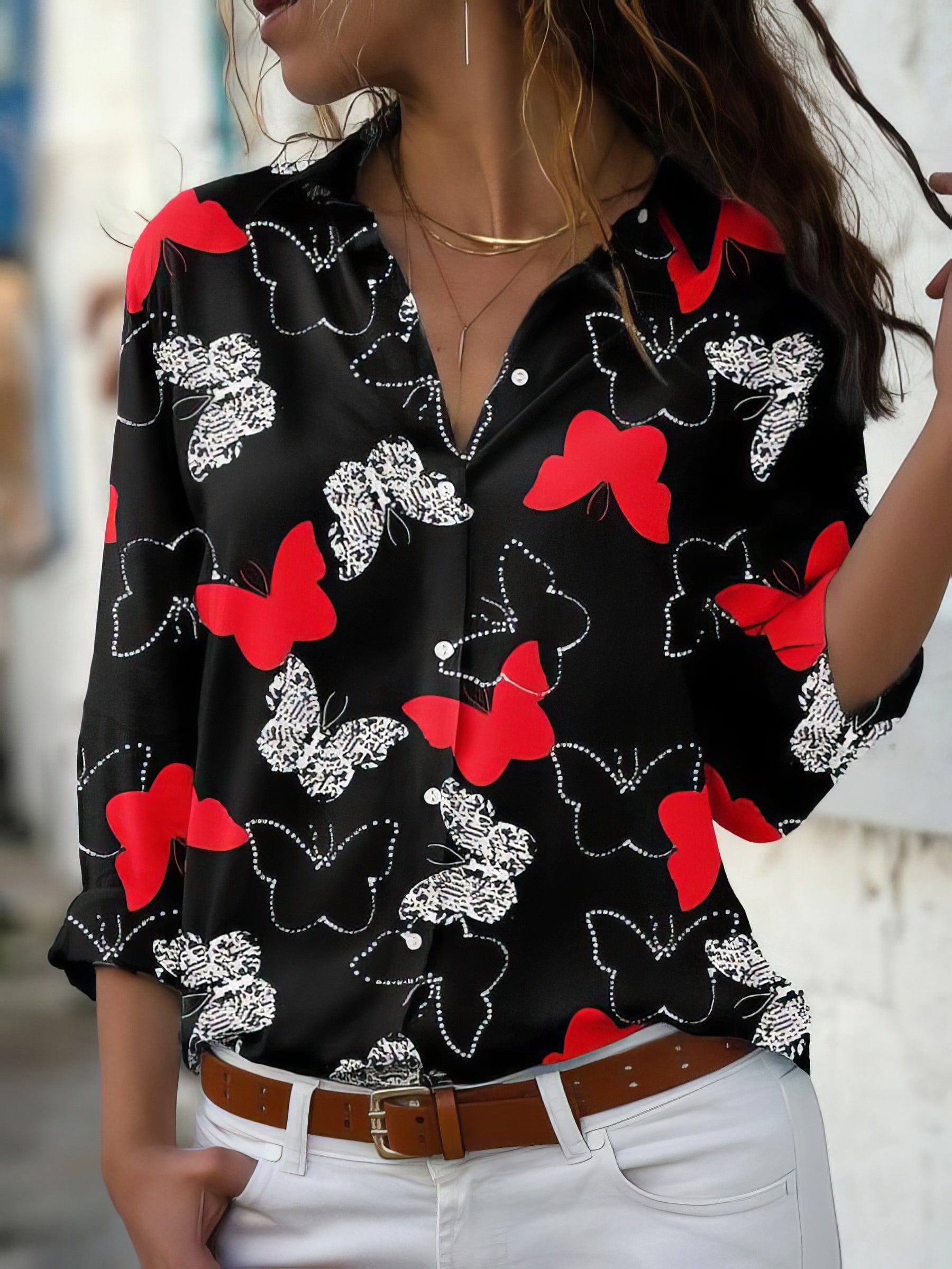 MsDressly Blouses Butterfly Print Button Long Sleeve Blouse BLO2112091476REDS