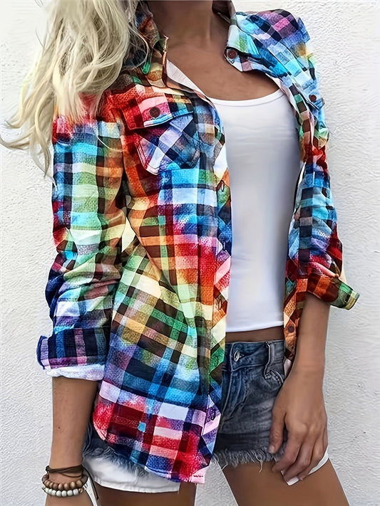 MsDressly Blouses Casual Colorful Rainbow Plaid Print Long Sleeve Button Blouse BLO231012005REDS(4)