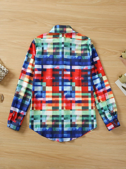 MsDressly Blouses Casual Colorful Rainbow Plaid Print Long Sleeve Button Blouse