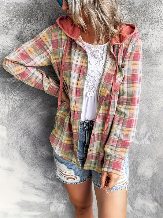 MsDressly Blouses Casual Plaid Print Long Sleeve Drawstring Hooded Blouse BLO231012003PINS(4)