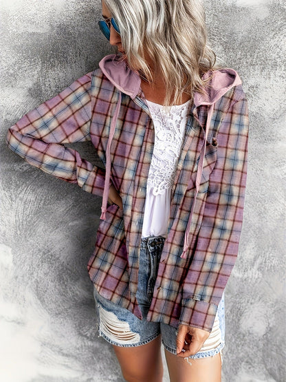 MsDressly Blouses Casual Plaid Print Long Sleeve Drawstring Hooded Blouse BLO231012003PURS(4)