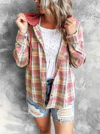 MsDressly Blouses Casual Plaid Print Long Sleeve Drawstring Hooded Blouse