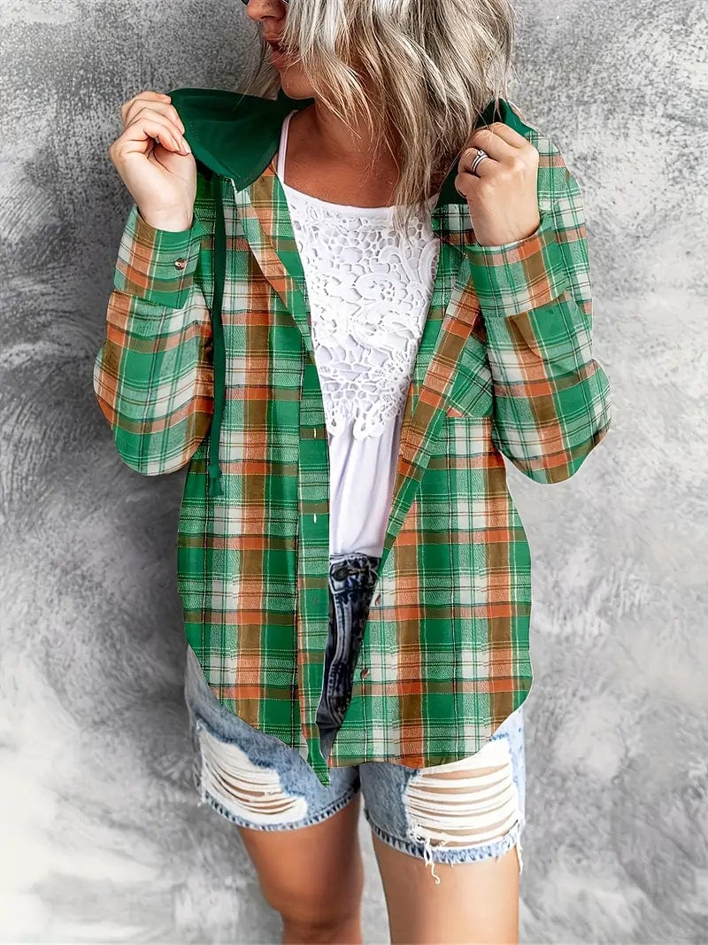 MsDressly Blouses Casual Plaid Print Long Sleeve Drawstring Hooded Blouse
