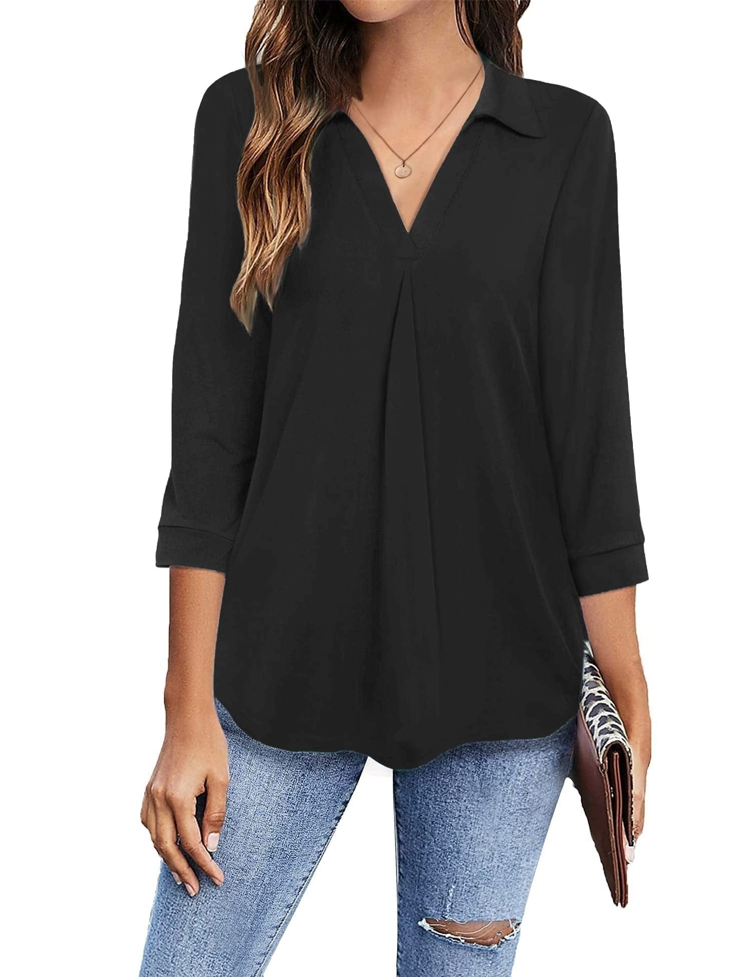 MsDressly Blouses Collared V Neck Casual Loose Blouse BLO2211191918BLAS