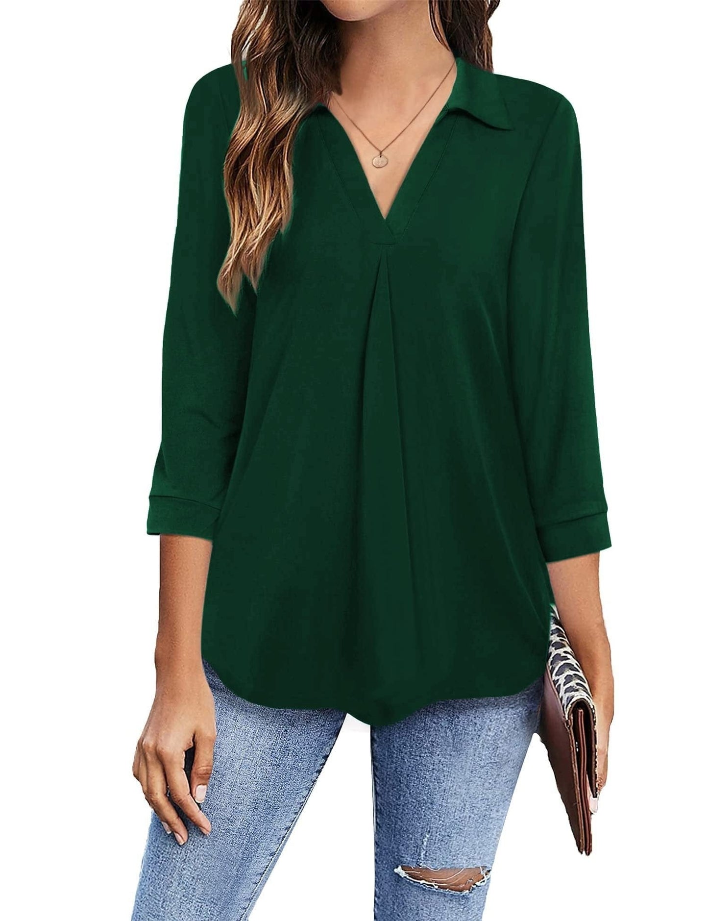 MsDressly Blouses Collared V Neck Casual Loose Blouse BLO2211191918DGRES