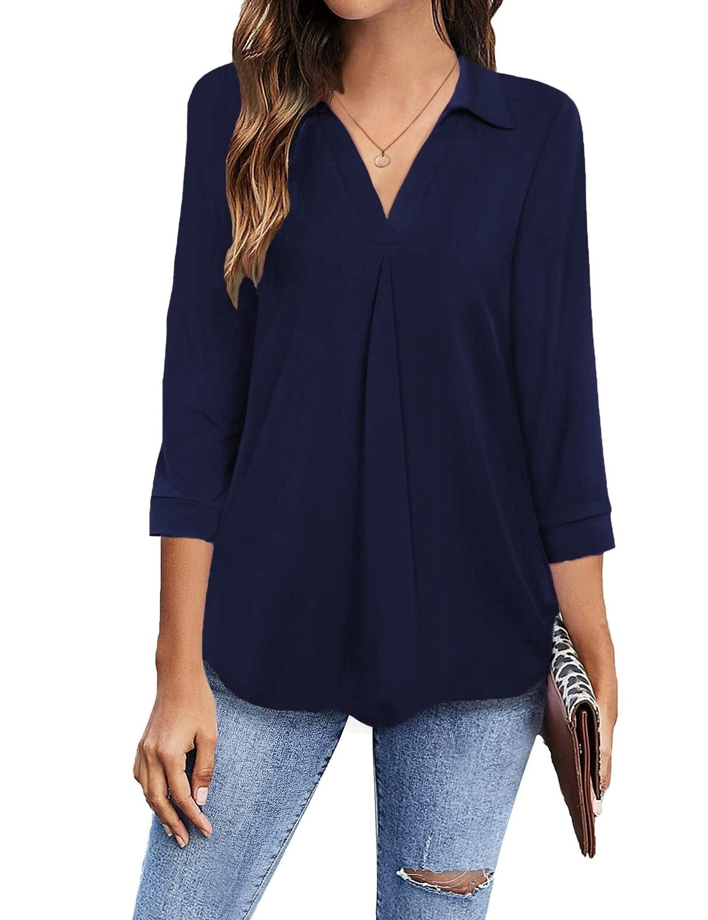 MsDressly Blouses Collared V Neck Casual Loose Blouse BLO2211191918NBLUS