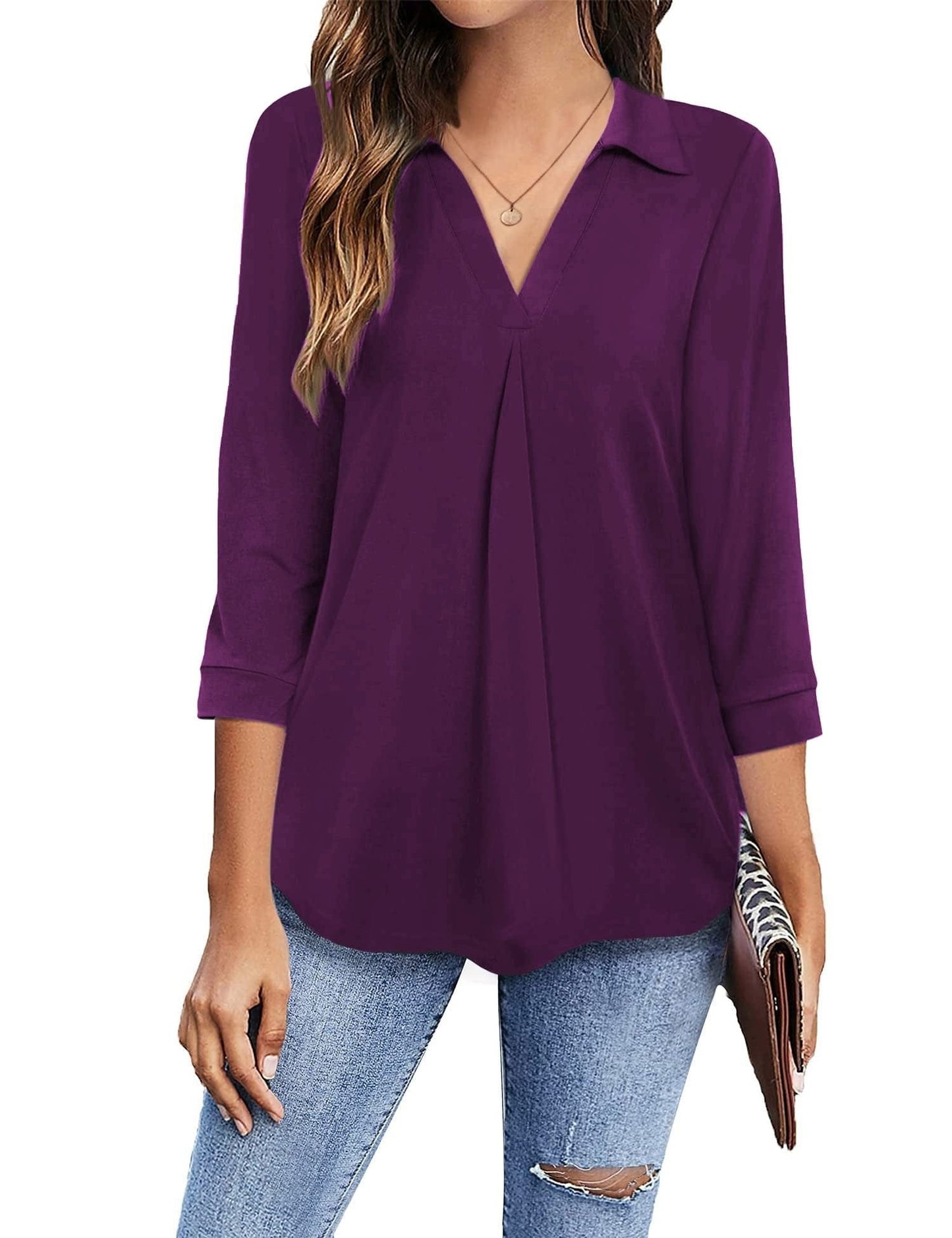 MsDressly Blouses Collared V Neck Casual Loose Blouse BLO2211191918PURS