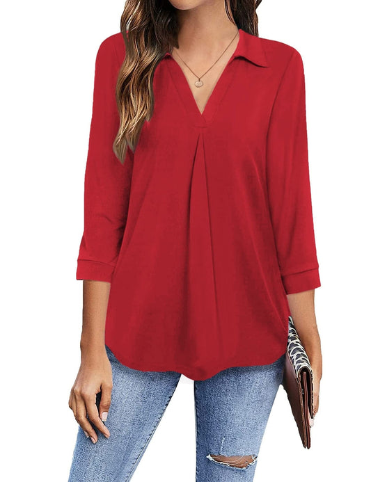 MsDressly Blouses Collared V Neck Casual Loose Blouse BLO2211191918REDS