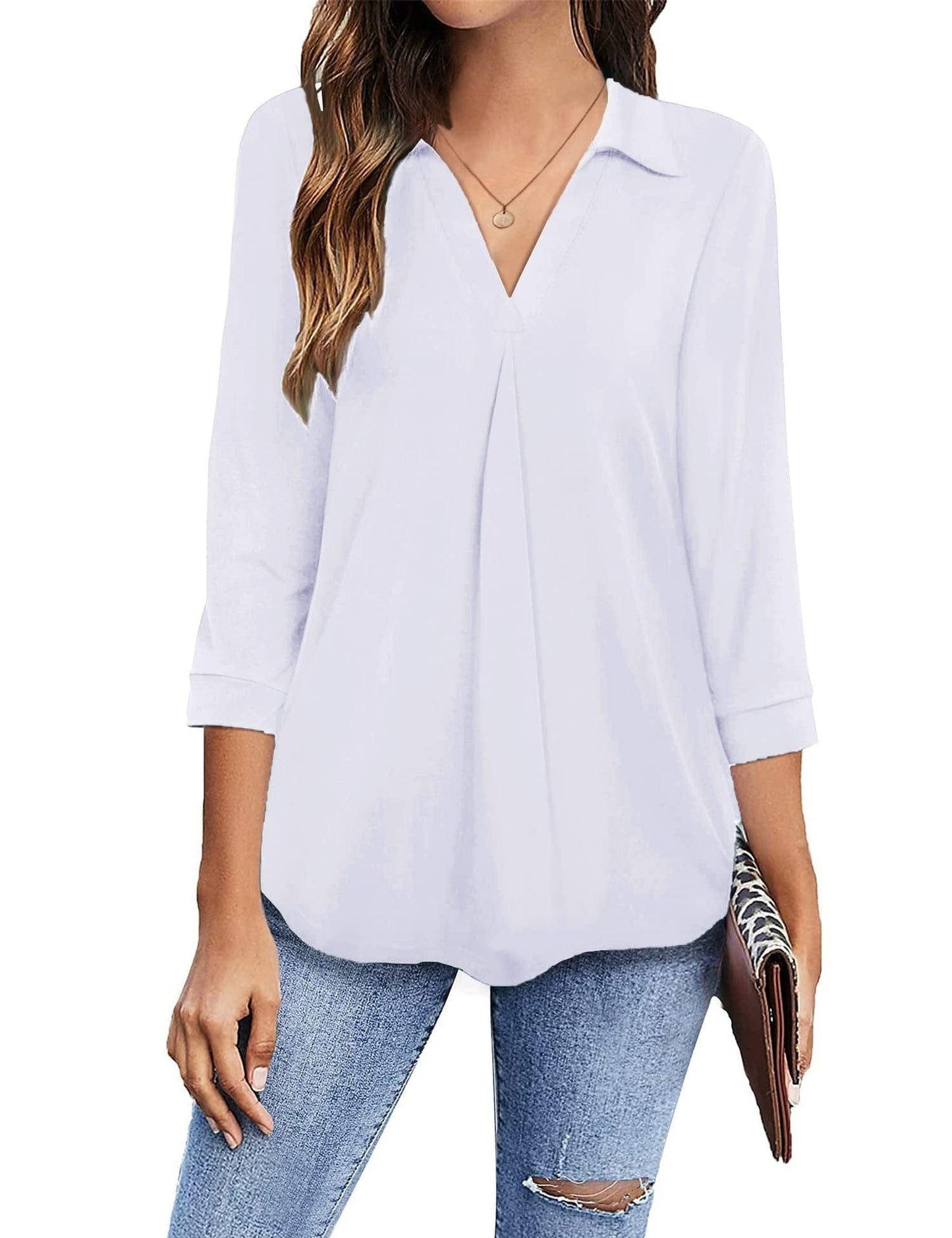 MsDressly Blouses Collared V Neck Casual Loose Blouse BLO2211191918WHIS
