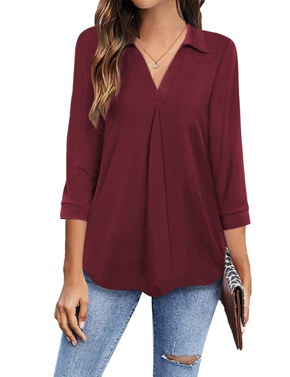 MsDressly Blouses Collared V Neck Casual Loose Blouse BLO2211191918WREDS
